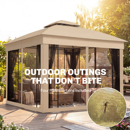 Outsunny 3 x 3 m Outdoor Garden Gazebo with Post Shelves, UPF50+ Double Roof Patio Permanent Pavilion, Brown