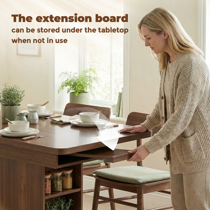 HOMCOM Extendable Dining Table for 4-6 People, 110-130cm Kitchen Table with 6 Open Shelves, Walnut Brown