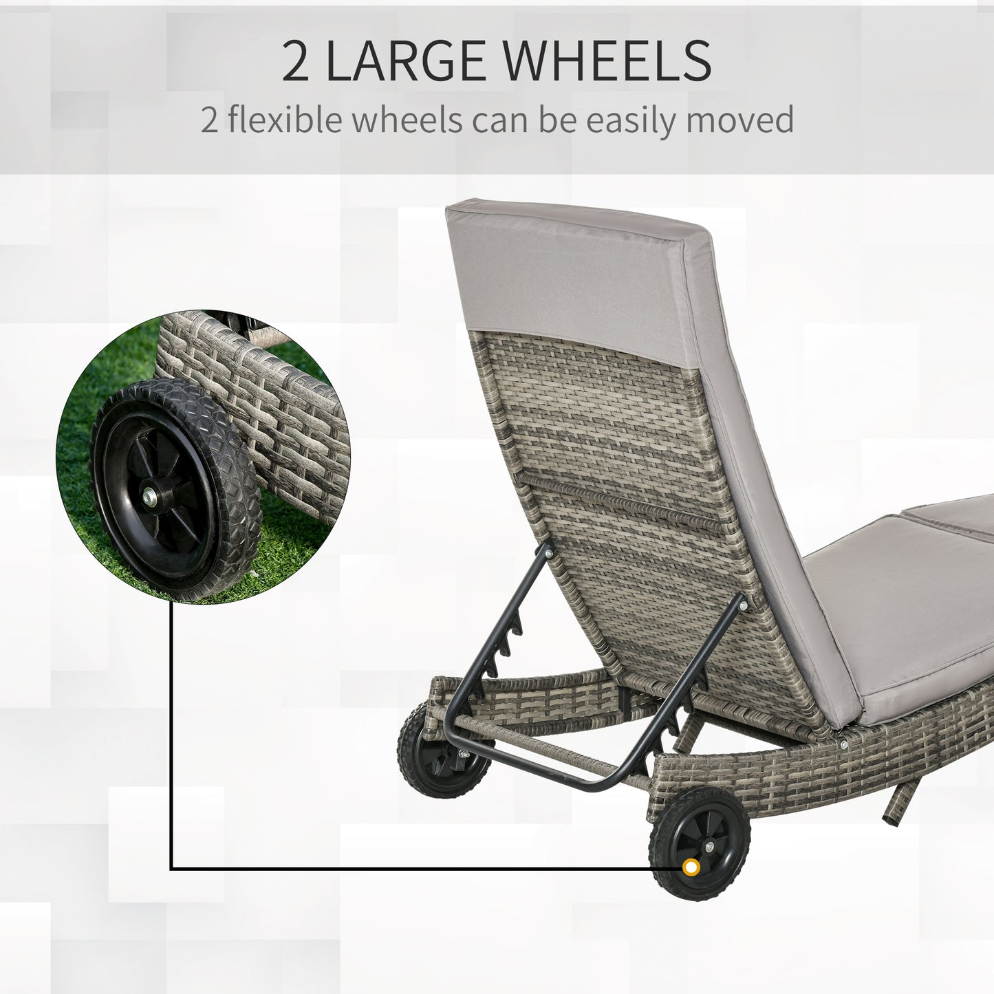 Outsunny Patio Wicker Chaise Lounge Chair, Outdoor PE Rattan Sun Lounger with Adjustable Backrest and 2 Wheels, Grey