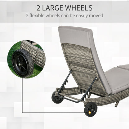 Outsunny Patio Wicker Chaise Lounge Chair, Outdoor PE Rattan Sun Lounger with Adjustable Backrest and 2 Wheels, Grey