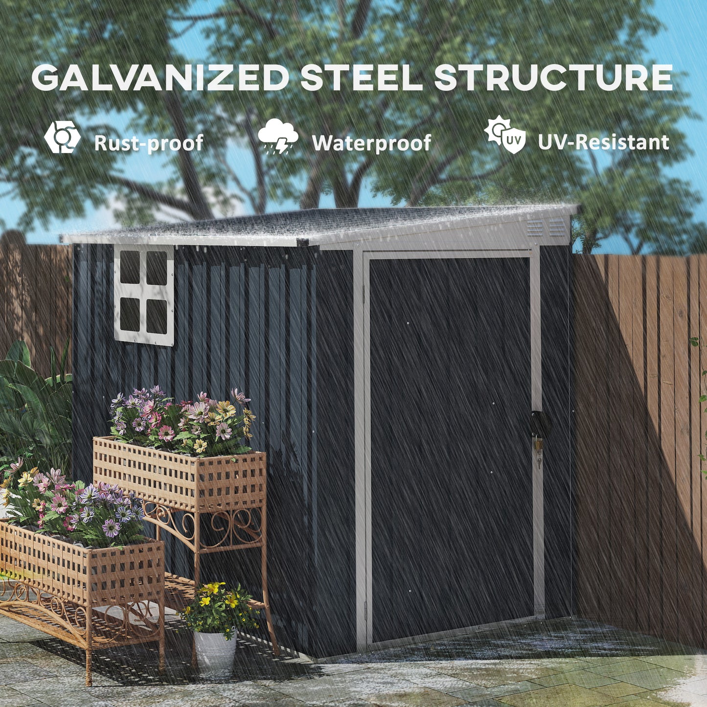 Outsunny 4 x 6ft Garden Metal Shed, Outdoor Storage Shed with Window, 2 Vents and Lockable Door, Dark Grey