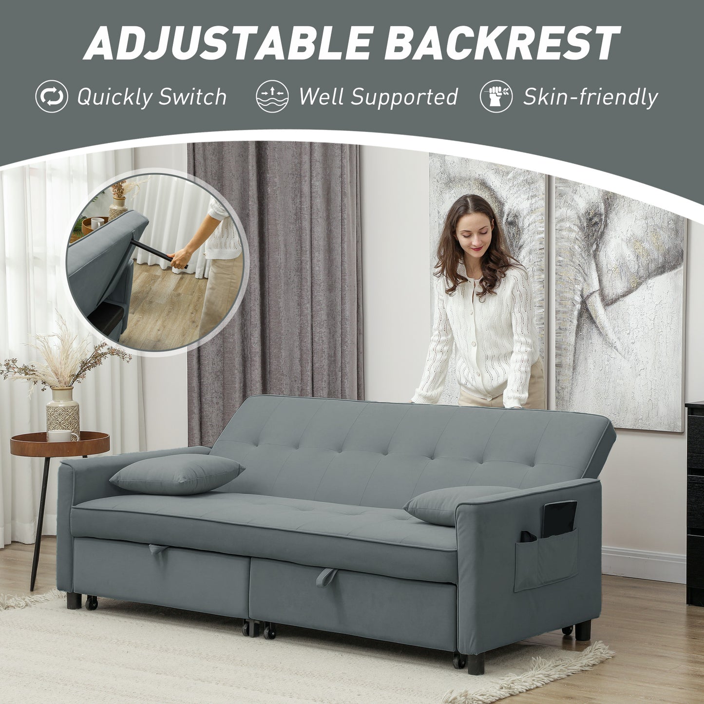 HOMCOM 3 Seater Velvet Sofa Bed, Convertible Click-Clack Couch with Adjustable Backrest, Small Double Sleeper Sofa for Living Room & Guests, Grey