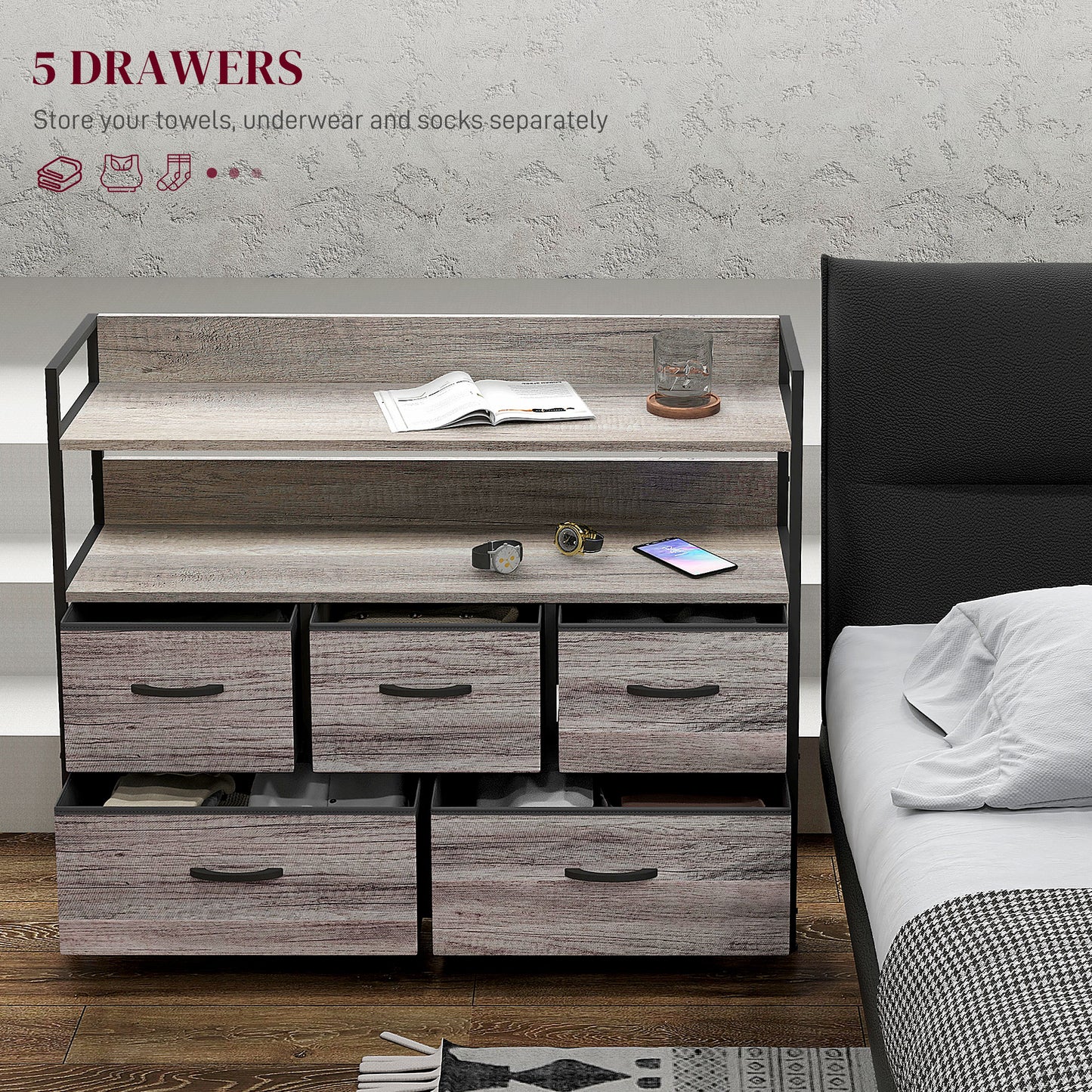 HOMCOM Rustic Chest of Five Fabric Drawers - Grey Wood Effect