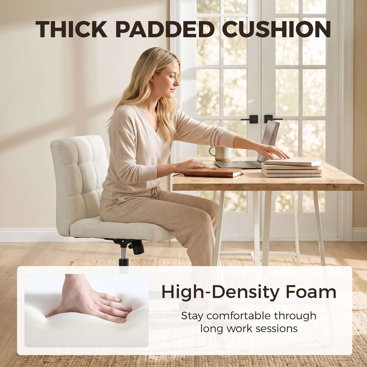 HOMCOM Armless Office Chair, Cross Legged Linen Computer Desk Vanity Chair with Wide Seat, Rocking Function, Beige