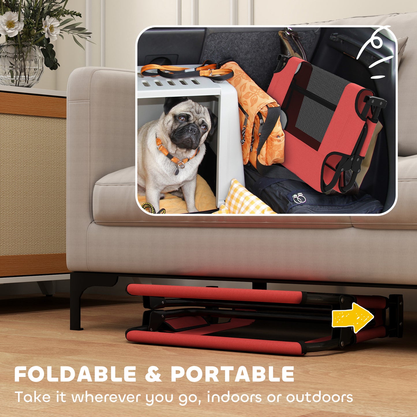 PawHut Portable Raised Dog Bed, Elevated Pet Cot with Breathable Mesh for Indoor Outdoor, for Small Medium Dogs, Red