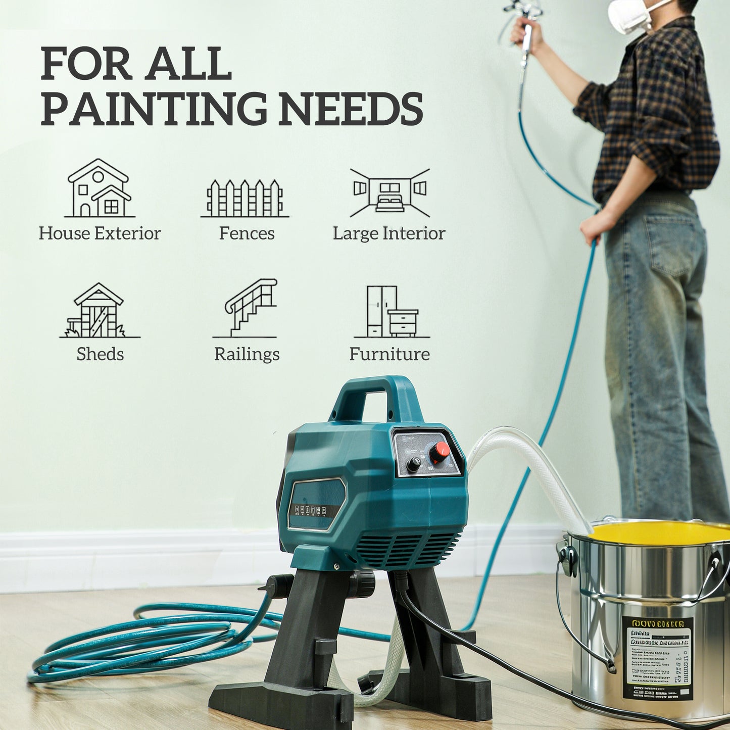 HOMCOM Airless Paint Sprayer, Thinning-Free Electric Paint Spray Gun for Walls, Fences & DIY Projects, 200 Bar High Pressure, 1.5L/min Flow Rate, 7.5m Hose, Indoor & Outdoor Use, Blue