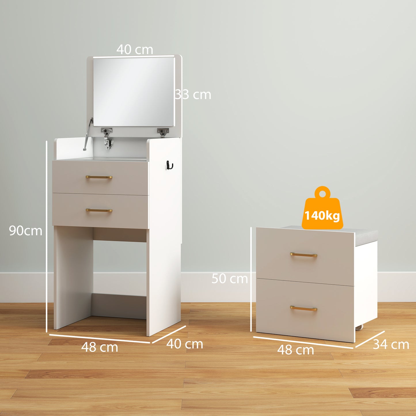 HOMCOM Compact Dressing Table and Stool Set, with Storage - White