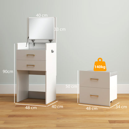 HOMCOM Compact Dressing Table and Stool Set, with Storage - White
