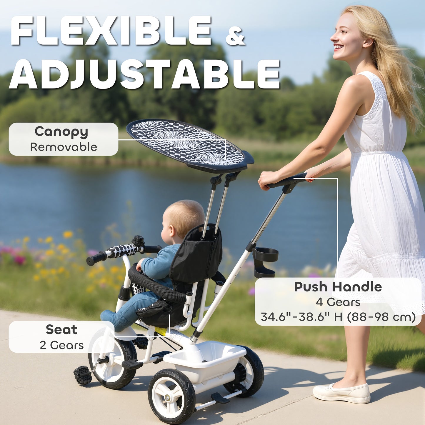 HOMCOM 6 in 1 Tricycle for Kids with 5-point harness straps, Removable Canopy, White