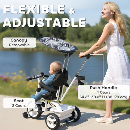 HOMCOM 6 in 1 Tricycle for Kids with 5-point harness straps, Removable Canopy, White
