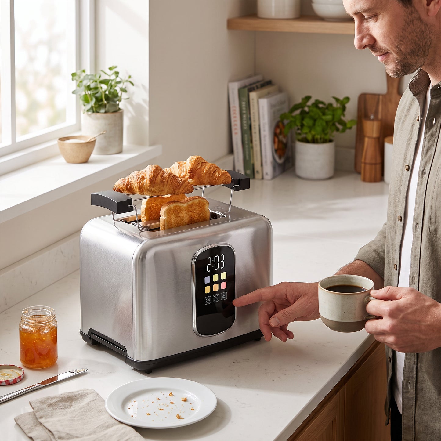 HOMCOM 2 Slice Smart Toaster with Touch Screen & LED Countdown, Toaster with Warming Rack, 6 Browning Levels, Memory Function