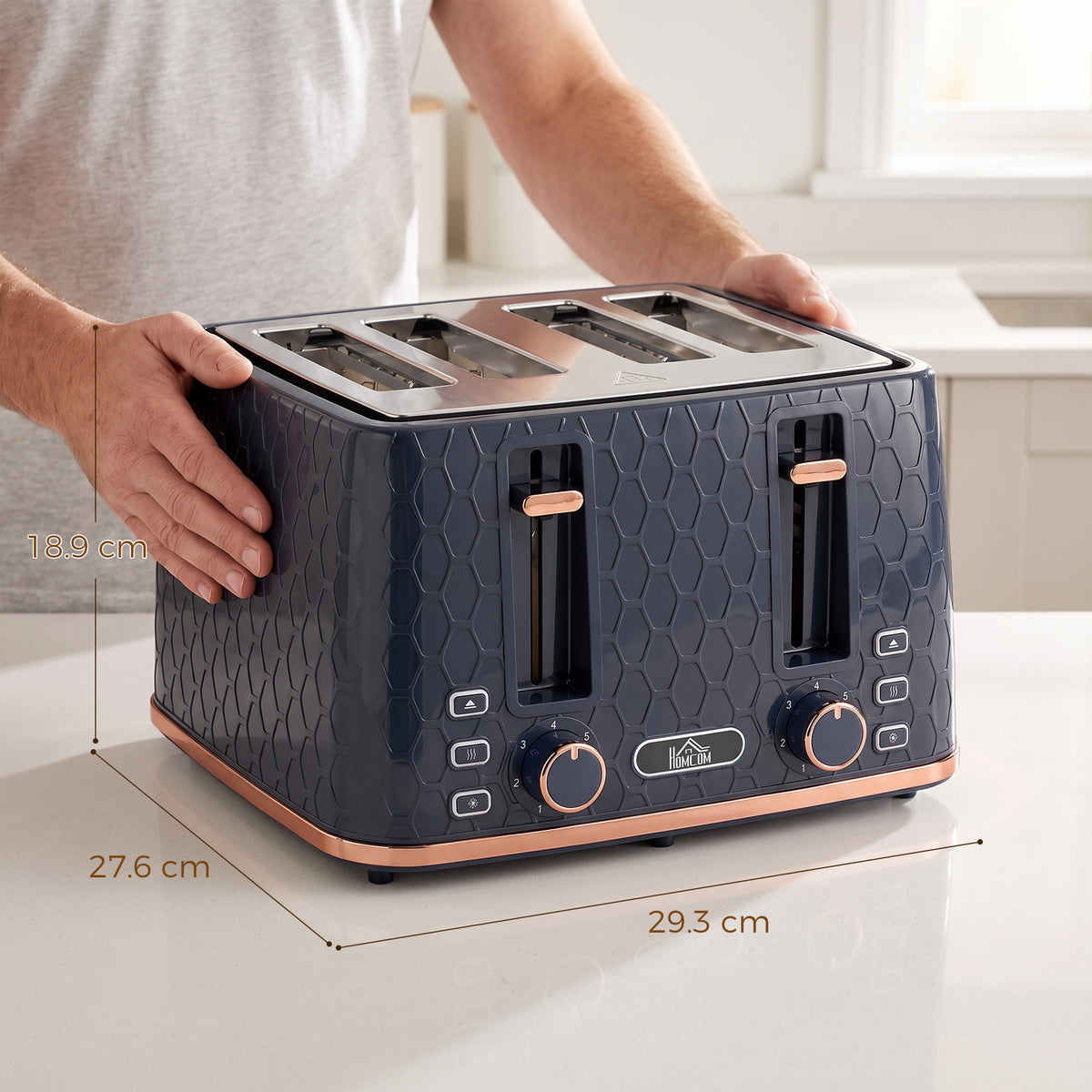 HOMCOM Toaster 4 slice, Toaster with 7 Browning Levels, High Lift, Reheat/Defrost/Cancel, Self-centring Function, Dark Blue