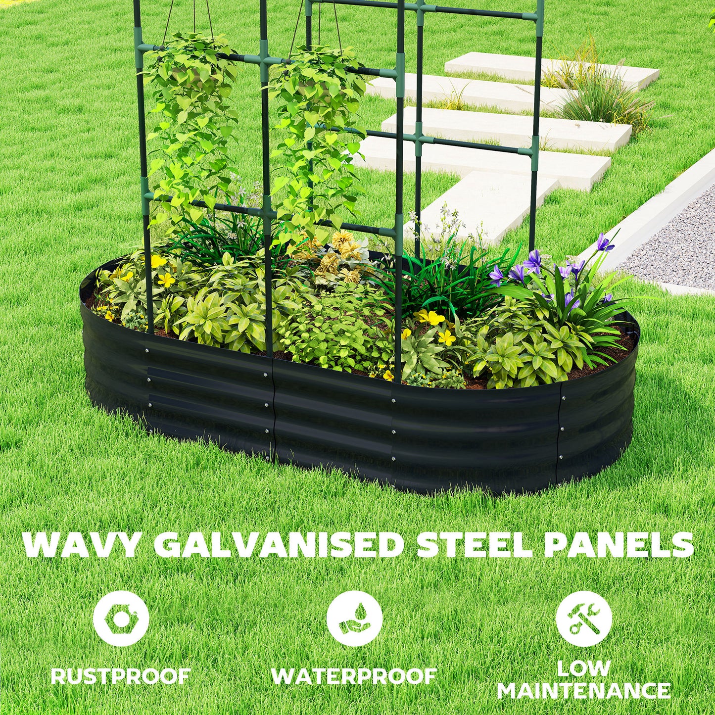 Outsunny Galvanised Raised Garden Bed with Arched Trellis, 5 x 3 x 6ft Metal Raised Bed for Garden with Open Bottom, Dark Grey