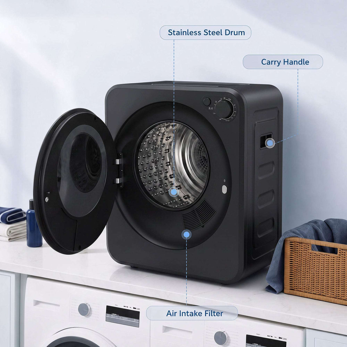 HOMCOM 4kg Front Load Laundry Dryer, Portable Clothes Dryer with 2 Power Modes, 400W/800W, Black