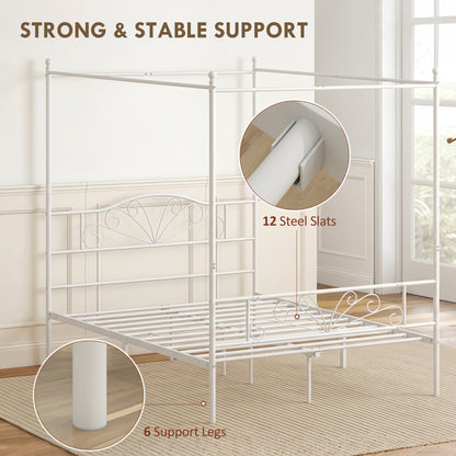 HOMCOM Canopy Bed Frame King Size, Metal Platform Bed Frame with Headboard and Footboard, Underbed Storage, White