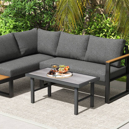Outsunny Metal Garden Coffee Table, Outdoor Side Table with SPC Woodgrain Tabletop for Outside, Garden, Balcony, Porch, 100 x 53 x 46cm, Grey