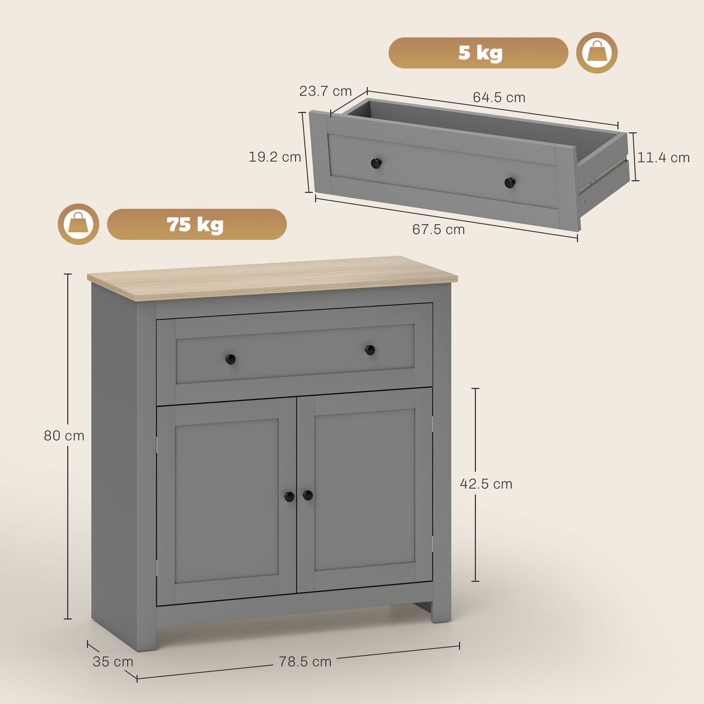 HOMCOM Sideboard Storage Cabinet, Morden Kitchen Cupboard with Adjustable Shelf, Drawer and Double Doors, Sideboard for Living Room, Dining Room, Hallway, Grey