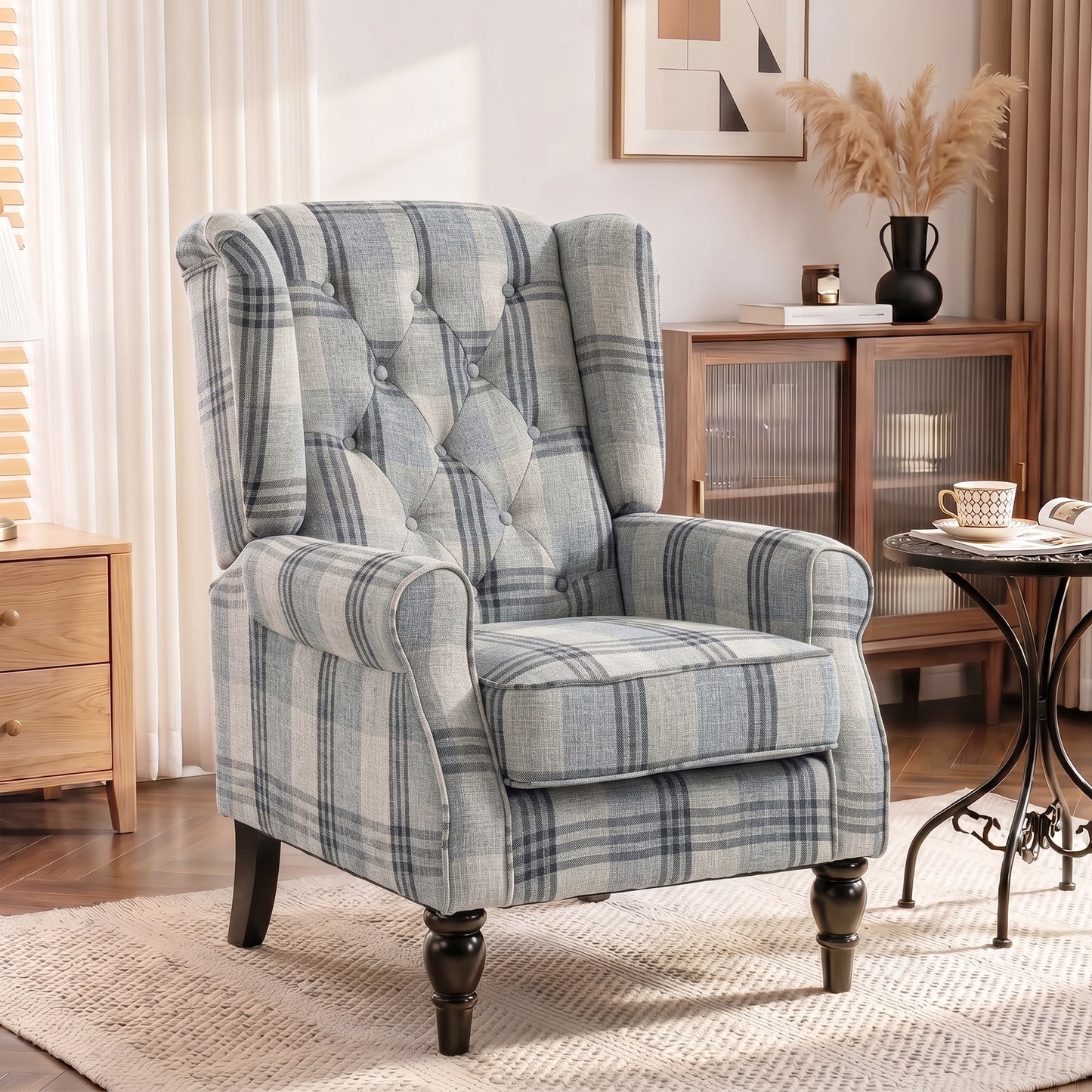 HOMCOM Faux Linen Armchair with Thick Spring Cushion, Wingback Accent Chair with High Back, Solid Wood Legs, Mixed Plaid