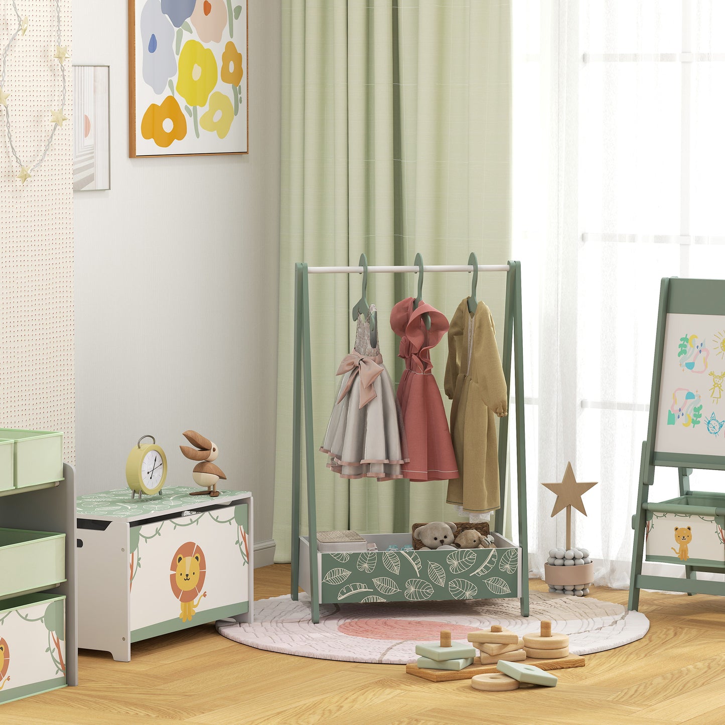 AIYAPLAY Baby Clothing Rack with Hangers, Storage Shelf for Bedroom, Leaf Theme, for Ages 3-6, Green