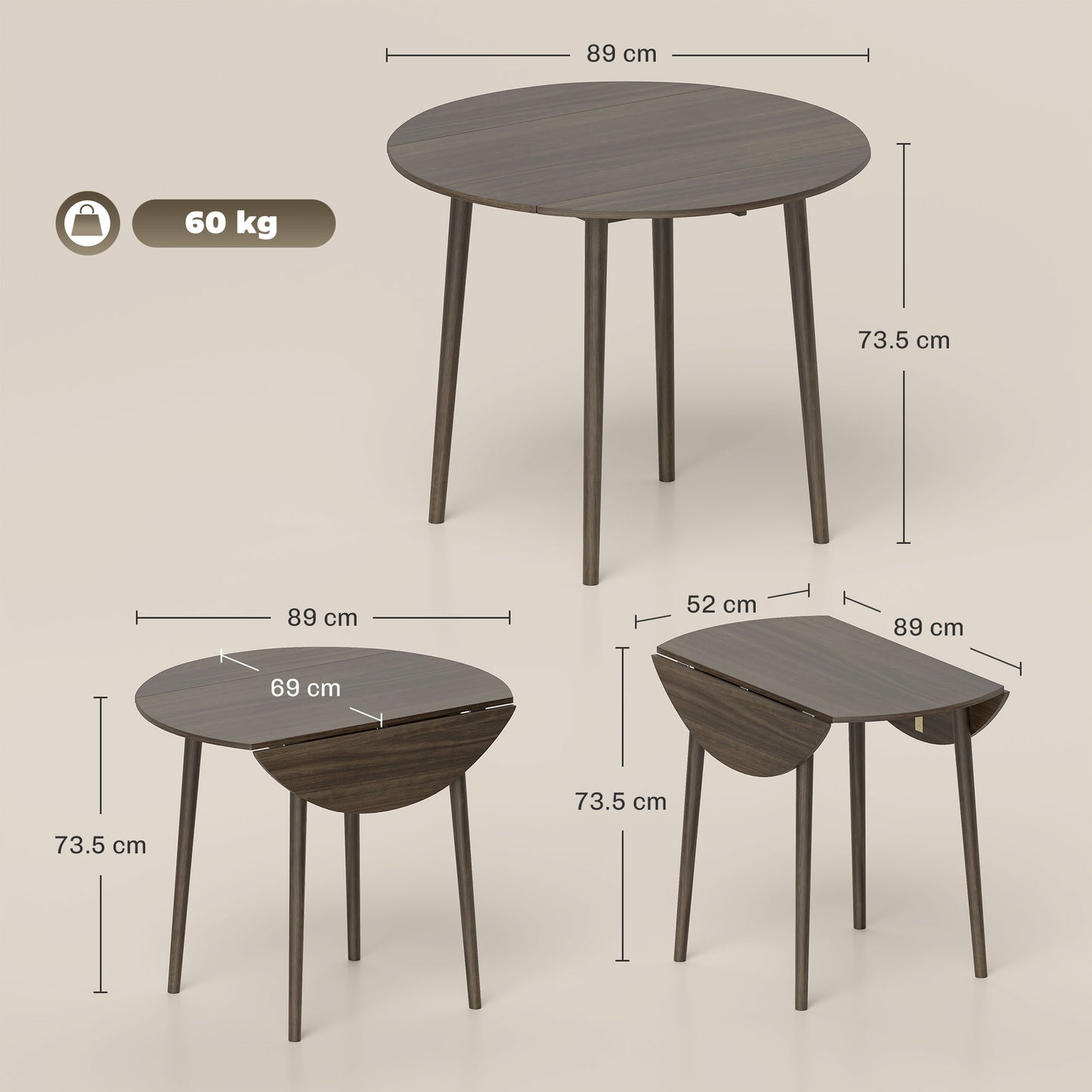 HOMCOM Folding Dining Table for 4, Round Drop Leaf Table, Modern Space Saving Small Kitchen Table with Wood Legs for Dining Room, Grey