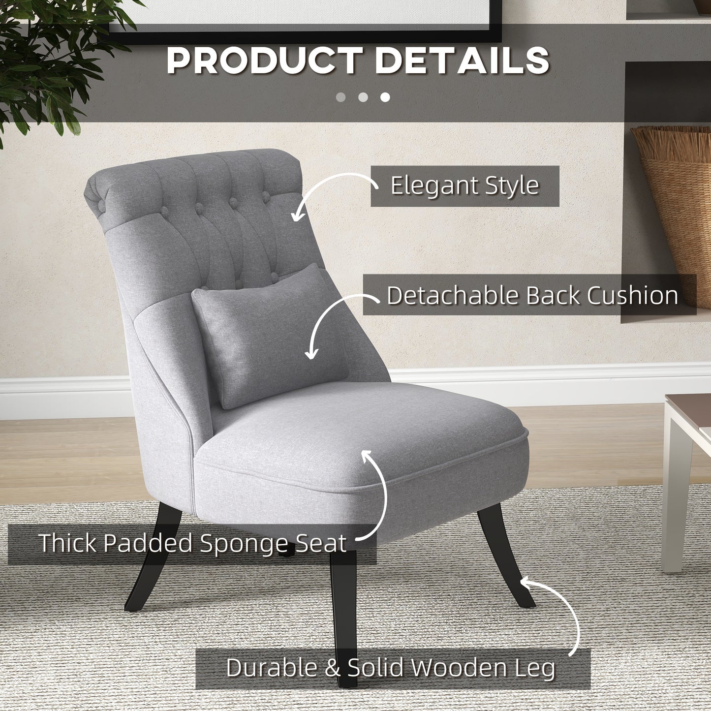 HOMCOM Tub Chair, Armless Single Sofa, Modern Button Tufted Armchair, Upholstered Linen Fabric Longue Accent Chair for Living Room, Bedroom, Set of 2, Grey