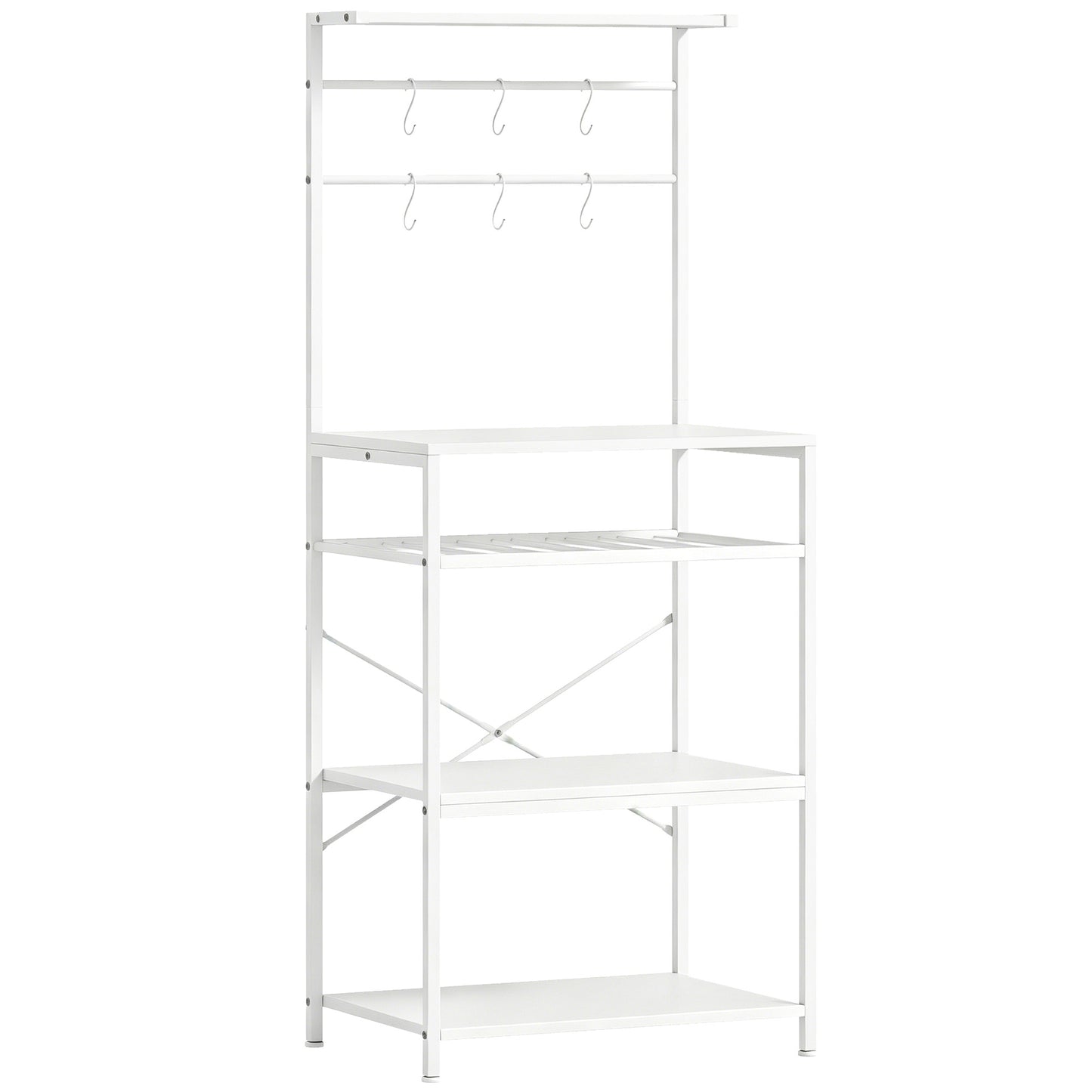 HOMCOM Freestanding Shelving Unit, Industrial Storage Shelf with 6 Hooks and Wine Rack for Living Room, Home Office, White