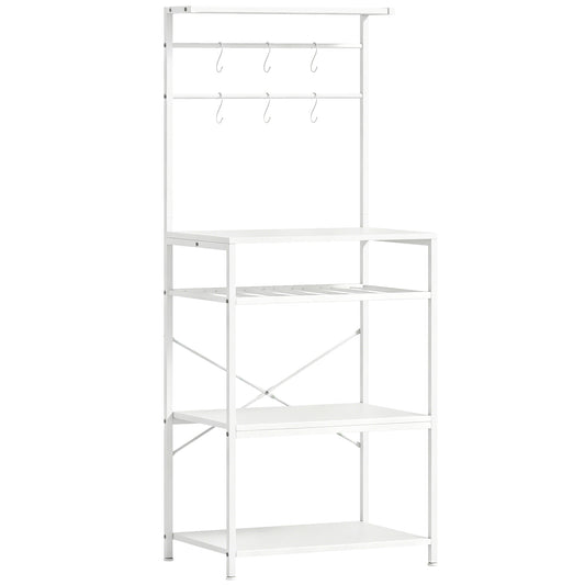 HOMCOM Freestanding Shelving Unit, Industrial Storage Shelf with 6 Hooks and Wine Rack for Living Room, Home Office, White