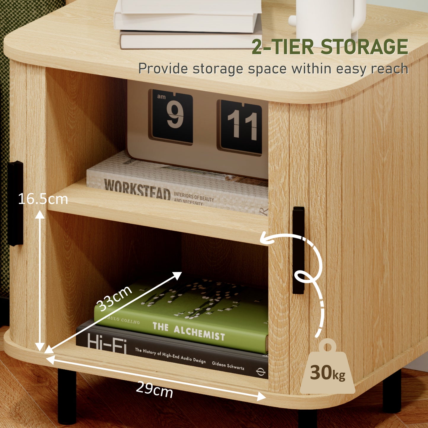 HOMCOM Nightstand with Sliding Doors and Metal Legs Oak Tone