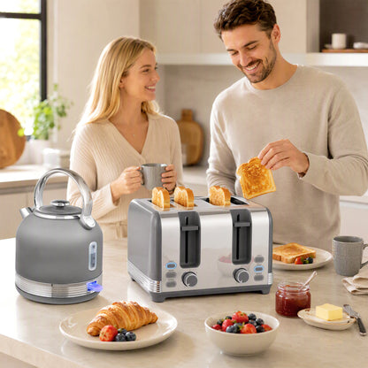 HOMCOM Stainless Steel Kettle and Toaster Set, 1.7L 3000W Cordless Fast Boil Kettle, 4 Slice Toaster Kitchen Set, Grey