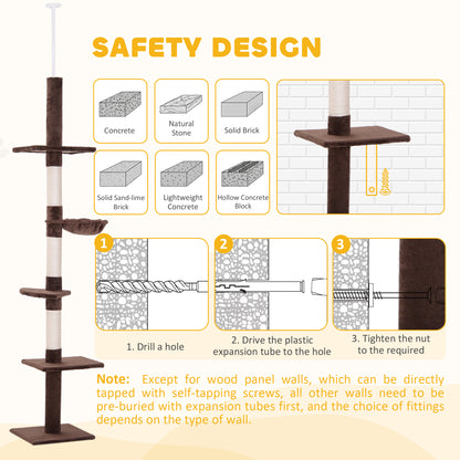 PawHut Floor to Ceiling Cat Tree 230-260cm Height Adjustable, 5-Tier Cat Tower with Scratching Posts, Hammock, Perches, Climbing Activity Centre for Indoor Kittens Playing and Relaxing, Brown