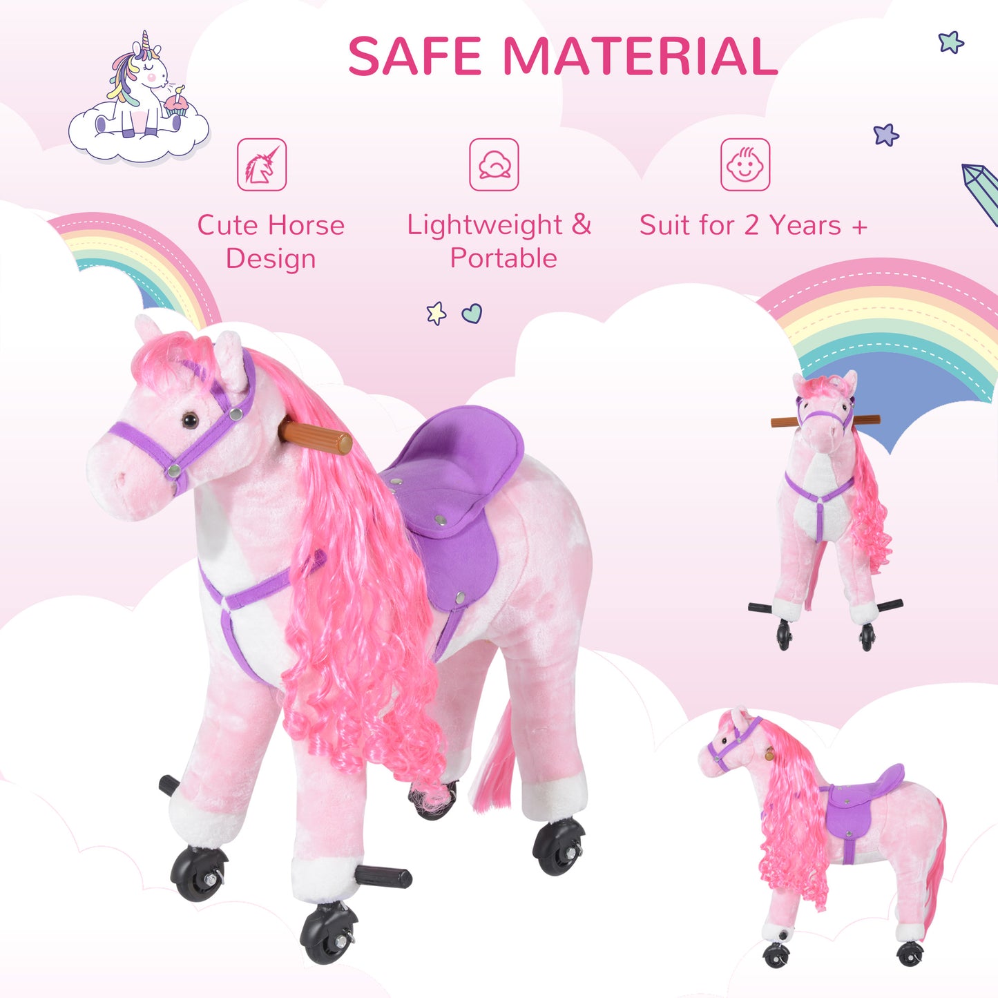 HOMCOM Plush Walking Horse Ride On Toy with Wheels and Realistic Sounds Rocking Horse for Girls Boys 2+ Years Old, 50cm Tall, Pink
