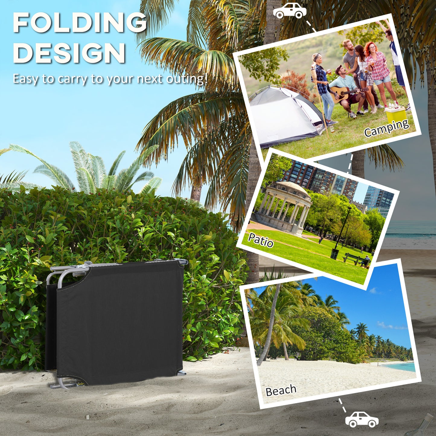 Outsunny Foldable Sun Lounger Set of 2 with Sun Shade & Adjustable Backrest - Black