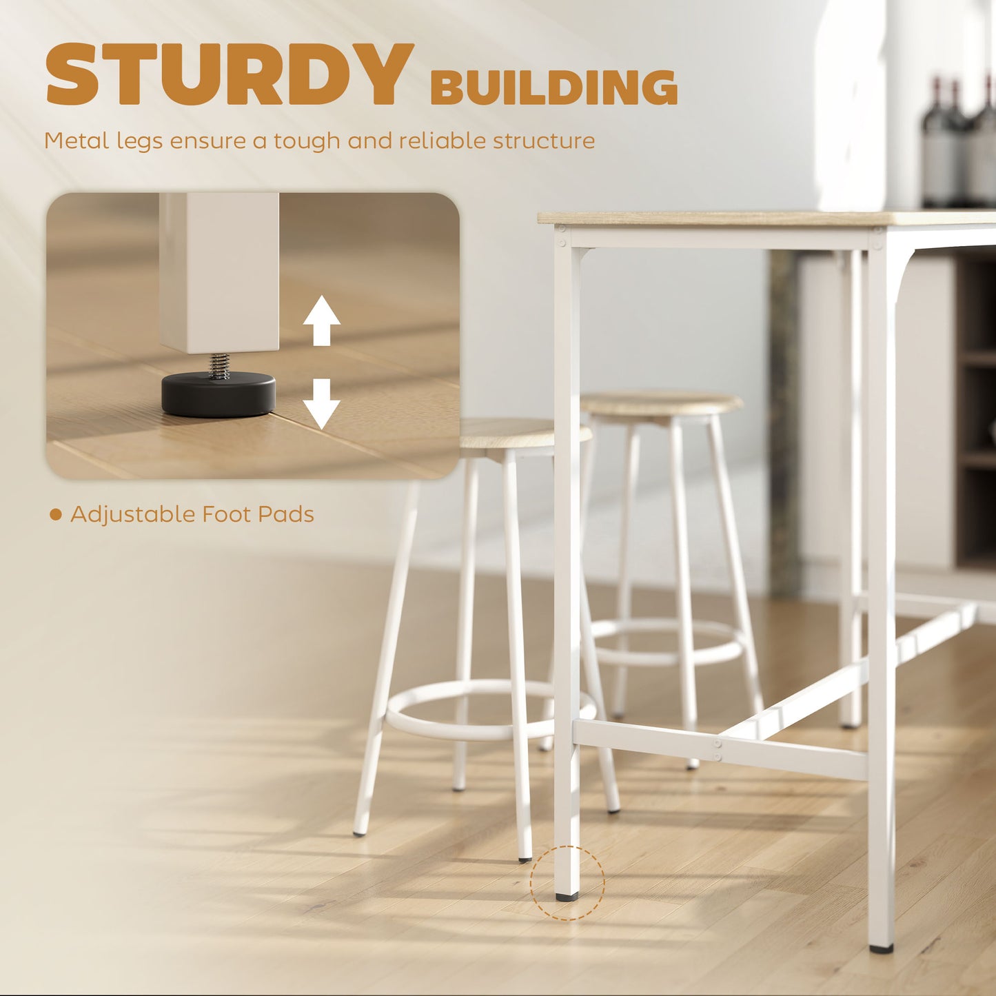 HOMCOM 5 Piece Bar Table Set for 4 with Stools, Metal Frame, Footrest for Kitchen Natural Wood--ChewyGames-ChewyGames