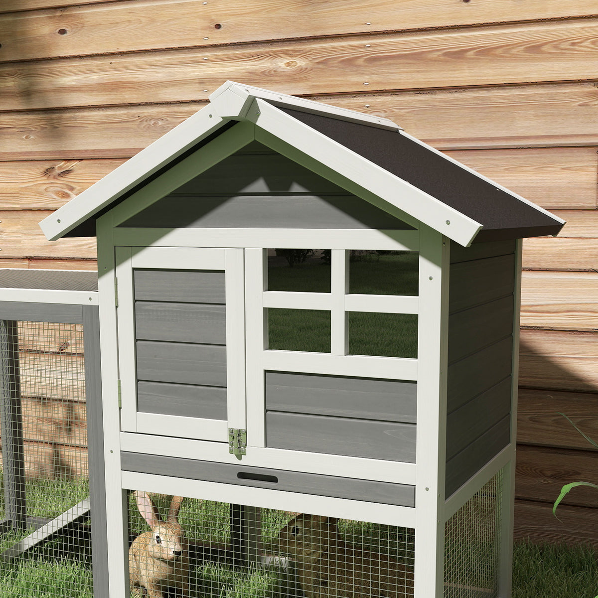 PawHut Rabbit Hutch Outdoor Wooden Guinea Pig Hutch Rabbit Run Bunny Cage Small Animal House Pull-Out Tray, Grey, 124 x 63 x 93 cm