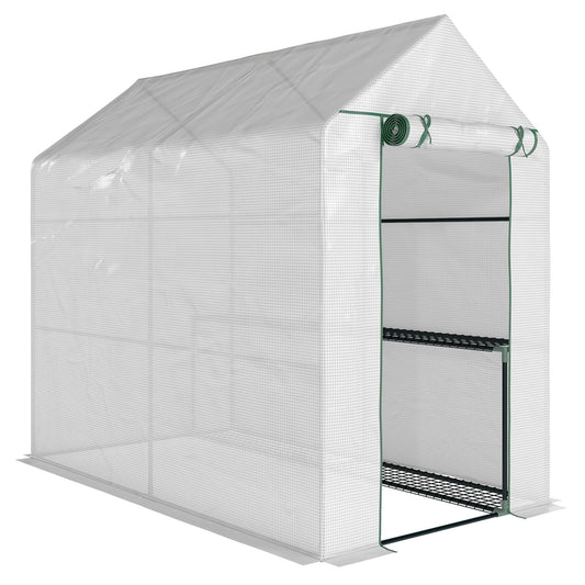 Outsunny Walk In Greenhouse with 2-Tier Shelves, Roll up Zip Panel Door, Garden Polytunnel Steeple Grow House for Outdoor, 6 x 4 x 6ft White