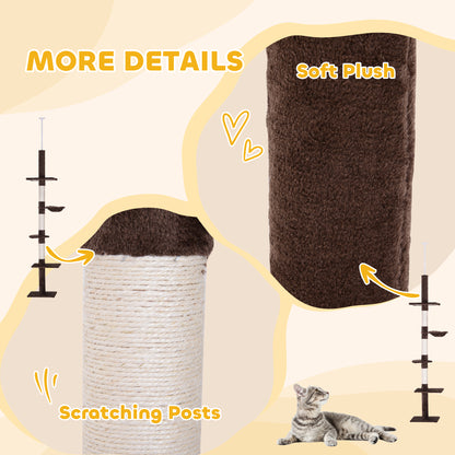 PawHut Floor to Ceiling Cat Tree 230-260cm Height Adjustable, 5-Tier Cat Tower with Scratching Posts, Hammock, Perches, Climbing Activity Centre for Indoor Kittens Playing and Relaxing, Brown