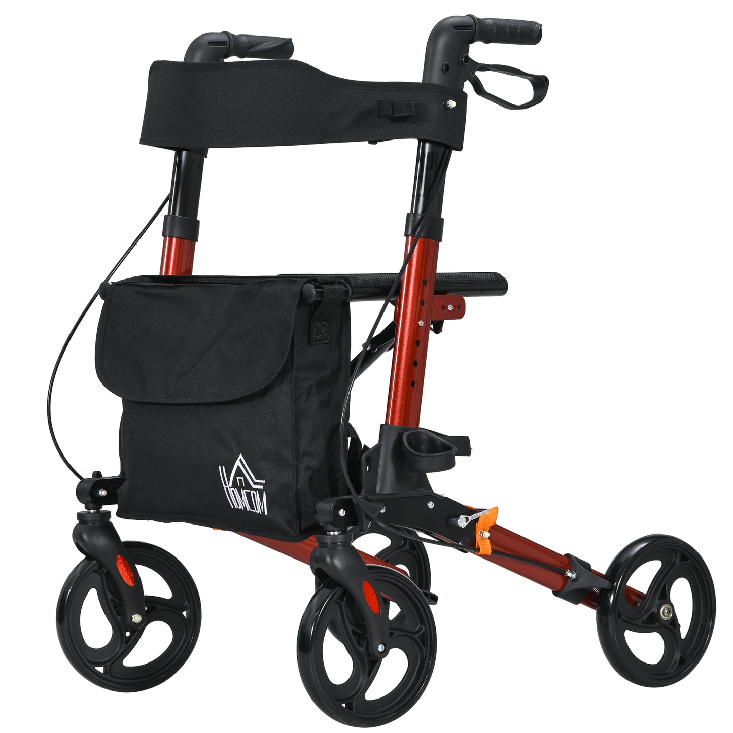 HOMCOM Rollator Walker with Seat, Compact Quick Folding Mobility Walker with 8" Wheels, Carry Bag, Adjustable Height, Cane Holder and Lightweight Aluminium Frame for Seniors and Disabled, Red
