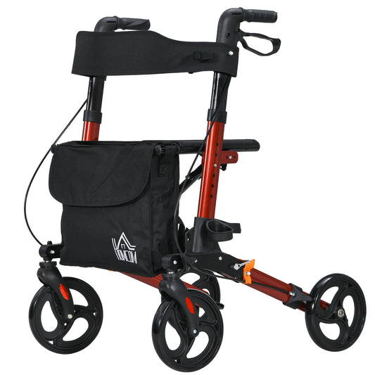 HOMCOM Rollator Walker with Seat, Compact Quick Folding Mobility Walker with 8" Wheels, Carry Bag, Adjustable Height, Cane Holder and Lightweight Aluminium Frame for Seniors and Disabled, Red