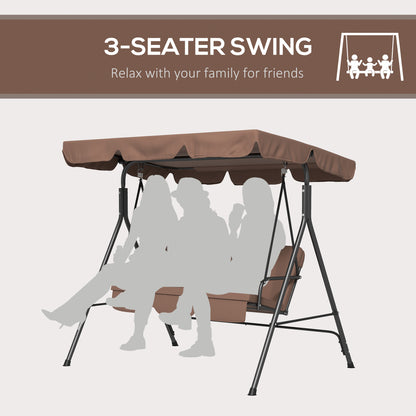 Outsunny 3 Seater Garden Swing Chair, Outdoor Swing Chair with Adjustable Canopy, Mental Frame & Cushions, Brown