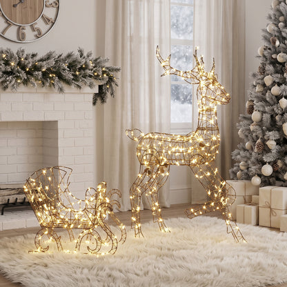Outsunny Lighted Reindeer and Sleigh Set, 2-Piece PP Rattan Outdoor Christmas Decoration with LEDs, 8 Modes, Daily Timer
