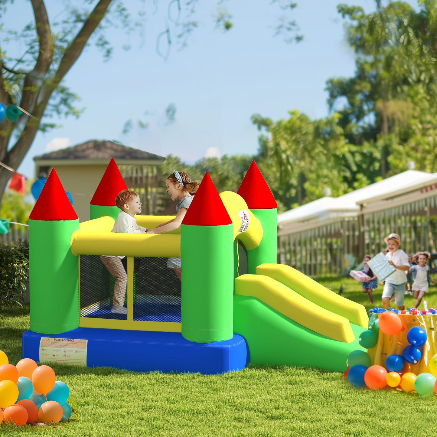HOMCOM Nylon Inflatable Bouncy Castle, Fire and Water Resistant, Puncture-proof, Multi-Colour