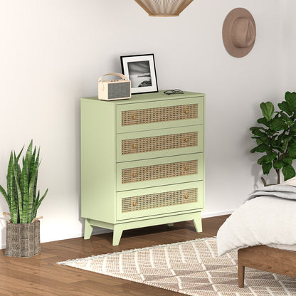 HOMCOM Rattan Chest of Drawers, 4 Drawer Storage Unit with Tapered Legs, Bedroom Storage Organiser Dresser for Bedside, Entryway, Hallway, Living Room, Light Green