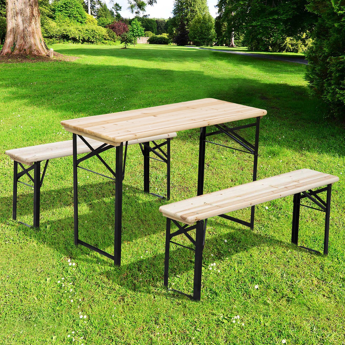 Outsunny Portable Folding Camping Picnic Table and Bench Set Garden BBQ Chairs Stools Trestle Wooden Wood (120cm(L) x 25cm(W) x 46cm(H))