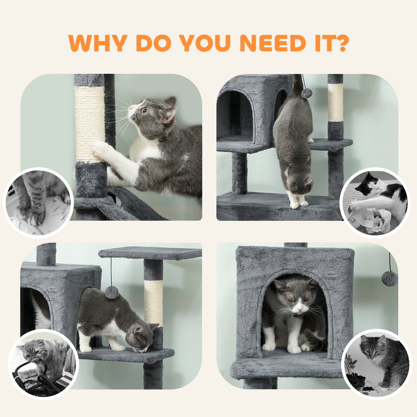 PawHut 202cm Large Cat Tree with 6 Scratching Posts, 2 Hammocks, 2 Condos, 2 Perches, Pompoms, for Indoor Cats to Rest and Play--ChewyGames-ChewyGames