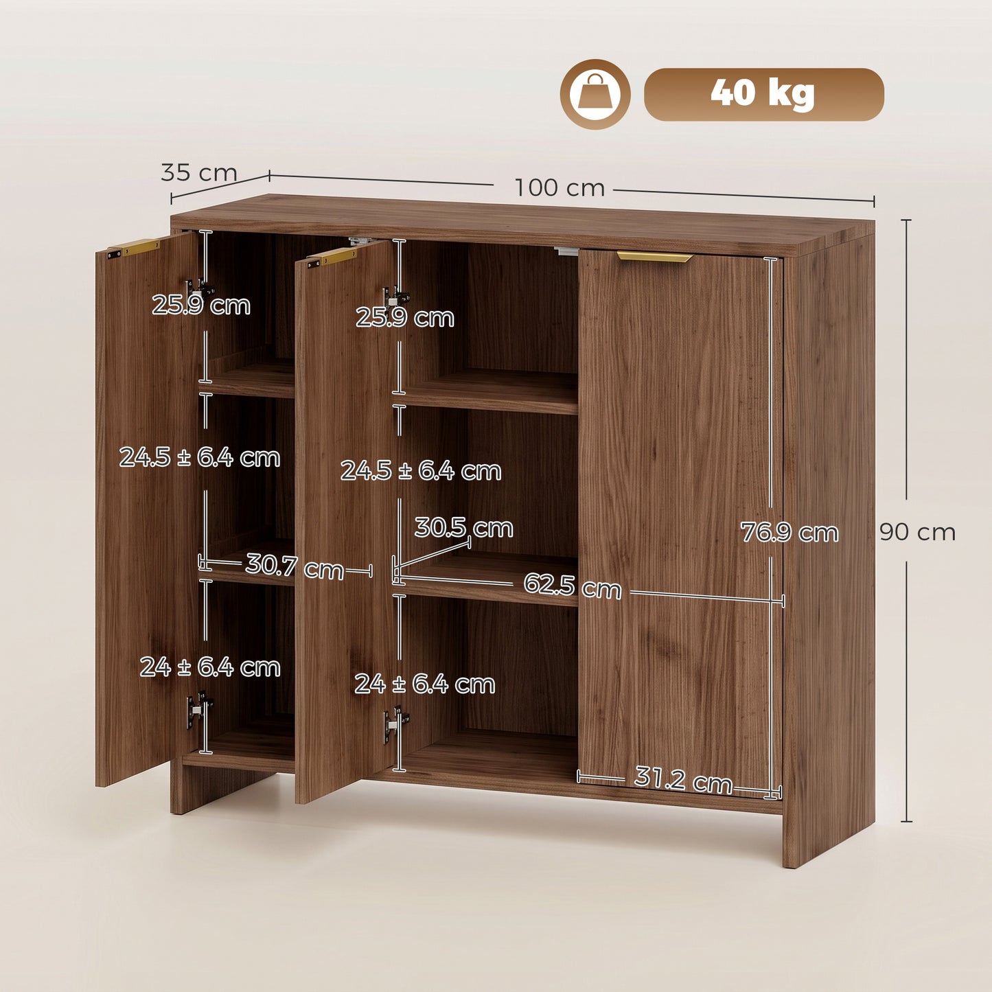 HOMCOM Sideboard Cabinet, Modern Storage Cabinet with 3 Doors and Adjustable Shelves for Living Room, Dining Room, Brown