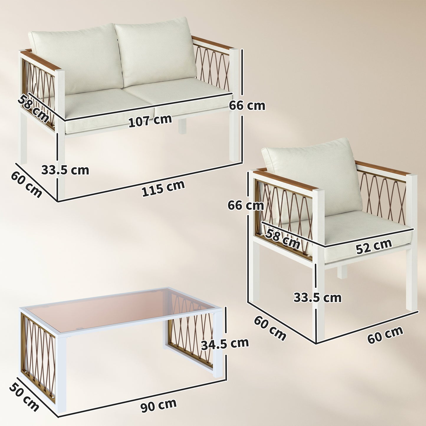 Outsunny 4 Piece Rattan Garden Furniture Set with Loveseat, 2 Armchairs, Table, Metal Frame Patio Conversation Set, Cream White
