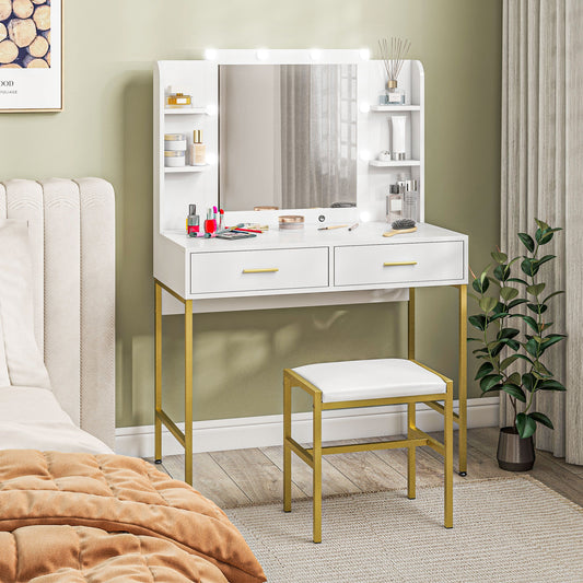 HOMCOM Dressing Table Set, with Storage and Stool - White