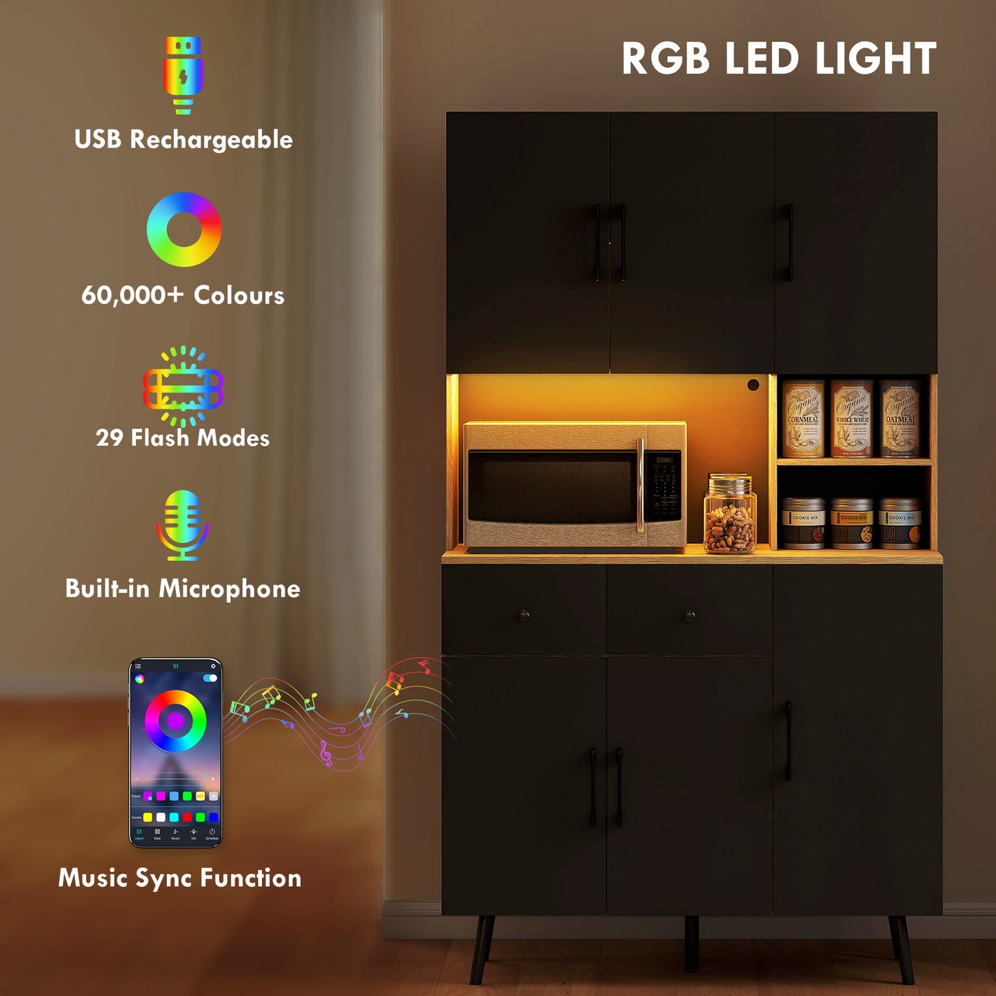 HOMCOM 176 cm Kitchen Cupboard with LED Lights - Oak and Black