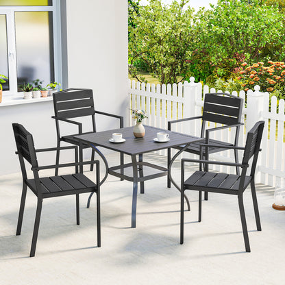 Outsunny Stackable Garden Chairs Set of 4, Garden Dining Chairs with Slatted HDPE Seat Back, Armrests, Metal Frame, Black
