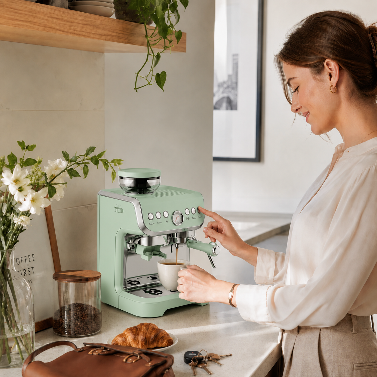 HOMCOM 15 Bar Coffee Machine, with Adjustable Grind, Steamer and Accessories - Light Green